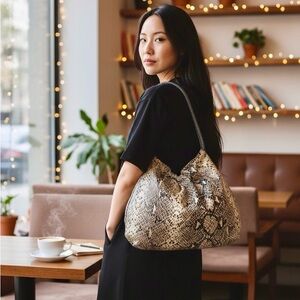 Brighton Nolita Brown Taupe Snake Embossed Leather Slouch Hobo Bag w/ Pouch READ